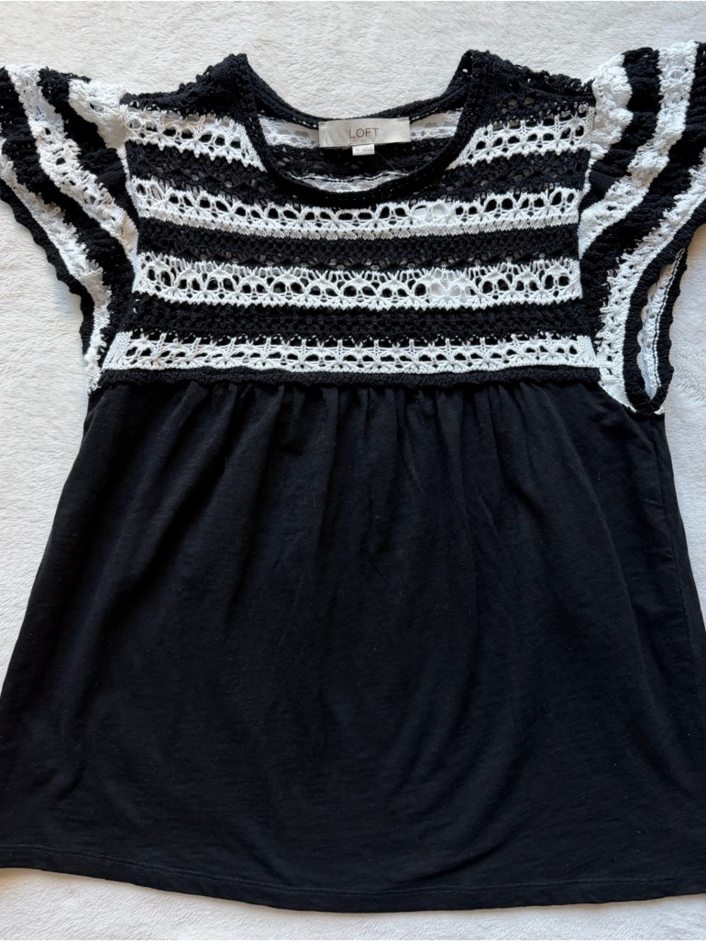 LOFT Black & White Crochet Yoke Short Sleeve Top NWT